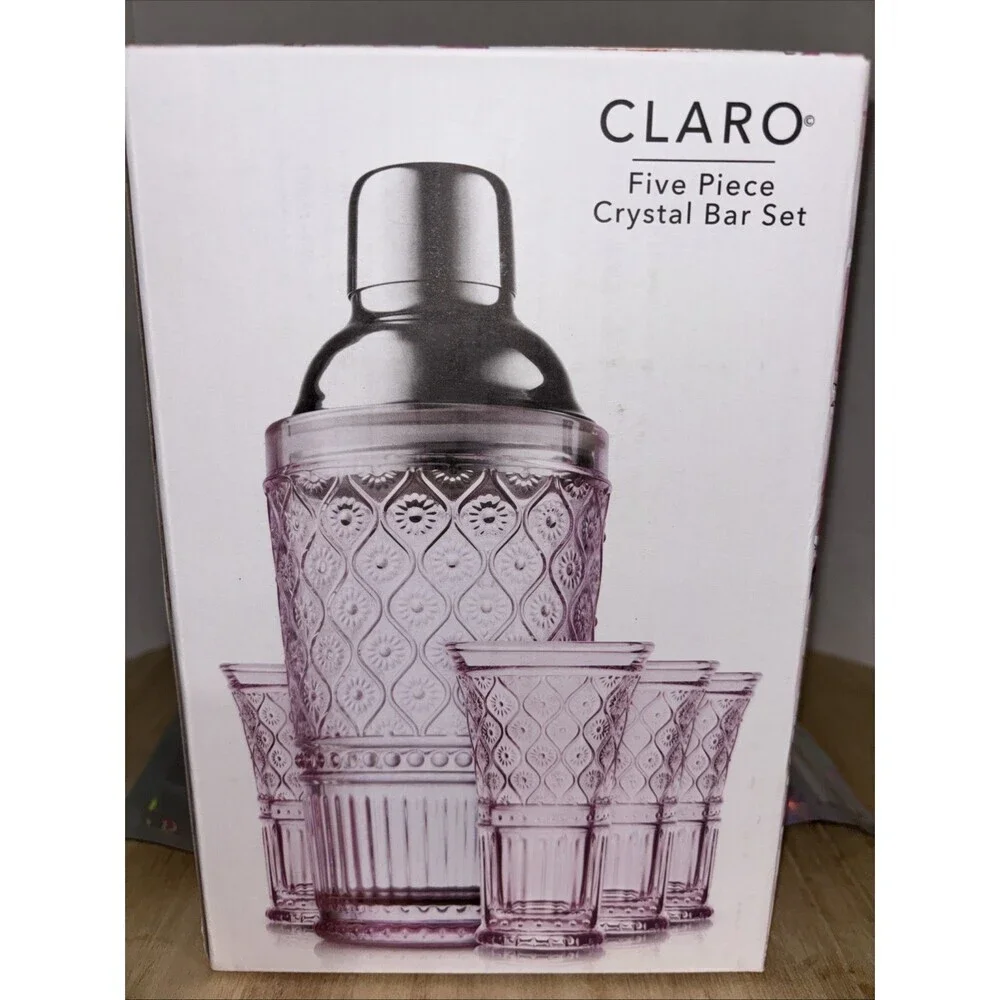 New Claro 5 pcs Set Crystal Bar Cocktail PINK Martini Shaker 4/2 Oz Shot Glasses